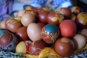 easter eggs in basket on wooden background
