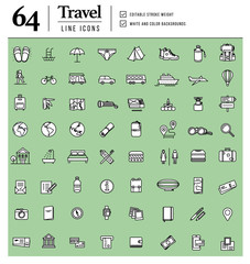 Travel line icons set. Collection of 64 tourism objects. with editable stroke.