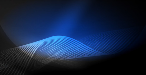 Glowing abstract wave on dark, shiny motion, magic space light. Techno abstract background