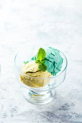 Ice cream with mint in ceramic bowl