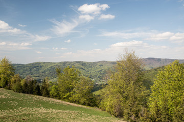 springtime Beskid Slaski mountains from view tower on Stary Gron hill in Poland