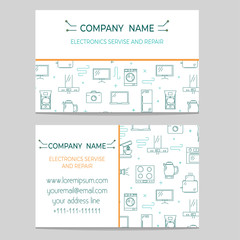 Fototapeta na wymiar Busines card template for electronics shop or repair service with thin line icons