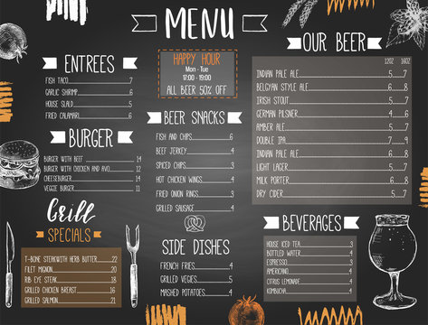 Beer pub or bar menu template with hand drawn food and beer