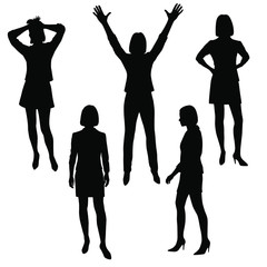 Set vector silhouettes of women in various poses, hands raised up, business suit,  group people, black color, isolated on white background