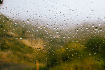 Rain dripping on the glass behind which the forest is visible