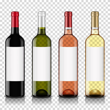 Wine bottles set with blank label, isolated on transparent background.