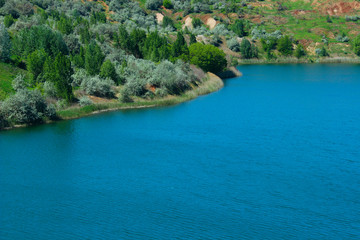 Beautiful Nature, Travel Concept. Landscape Background. Blue Lake, Quarry, Top View.