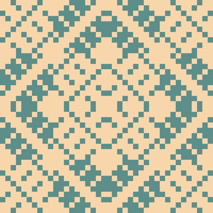Geometric traditional folk ornament. Seamless pattern in tan and teal colors