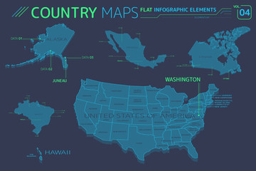 United States of America, Alaska, Hawaii, Mexico, Canada and Brazil Vector Maps