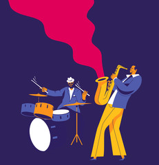 Jazz musicians. Drummer and saxophonist on dark blue background. Modern flat colors illustration.