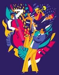 Summer music festival poster. Multiple musicians composition on abstract floral background. Modern flat colors illustration.  - 268637283