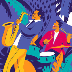 Jazz musicians. Drummer and saxophonist on dark blue background. Modern flat colors illustration. - 268637292