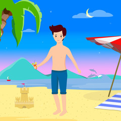 Young Man Drinking Cocktail on Summer Sandy Beach.