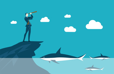 Businessman on top of the mountain looking with the telescope and big shark in the deep see water just below. Risk and business danger situations concept