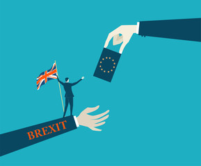 Brexit concept illustration. Businessman with British flag waving to the EU in hope of reunion 