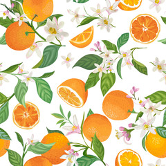 Seamless Orange pattern with tropic fruits, leaves, flowers background. Hand drawn vector illustration in watercolor style for summer cover, citrus tropical wallpaper, vintage texture