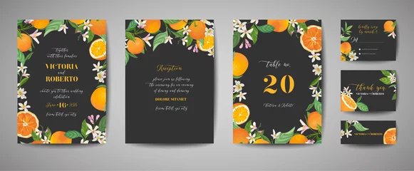 Foto op Plexiglas Set of Botanical wedding invitation card, vintage Save the Date, template design of orange, citrus fruit, flowers and leaves, blossom illustration. Vector trendy cover, graphic poster, brochure © wooster