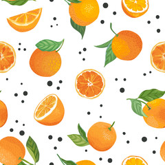 Seamless Orange pattern with tropic fruits, leaves, flowers background. Hand drawn vector illustration in watercolor style for summer cover, citrus tropical wallpaper, vintage texture