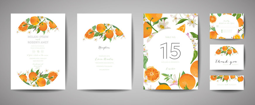 Set of Botanical wedding invitation card, vintage Save the Date, template design of orange, citrus fruit, flowers and leaves, blossom illustration. Vector trendy cover, graphic poster, brochure