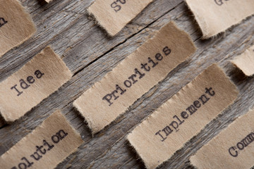 Priorities - word on a piece of paper close up, business creative motivation concept