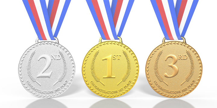 3D rendered 1st place gold medal, 2nd place silver medal and 3rd place bronze medal awards with ribbon on a white background
