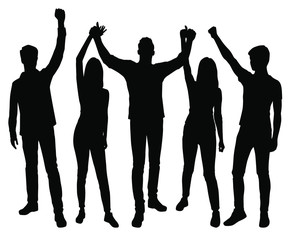 Set vector silhouettes men and women standing,  profile, hands up, different poses,    group business  people,   black color, isolated on white background