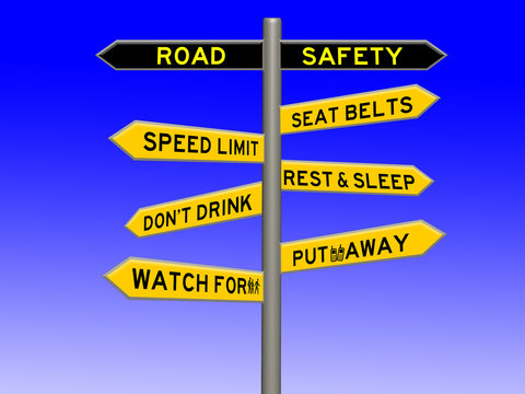 Road safety concept 3d sign on a signpost against a blue white gradient background