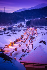 Fototapeta na wymiar Ouchijuku village with light up in winter , Ouchijuku village is a fomer post town along the Aizu-Nishi Kaido trade route, which connected Aizu with Nikko during the Edo period
