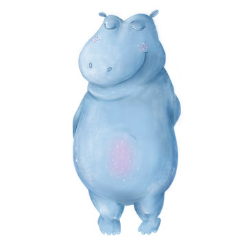 Funny Dancing Hippo character. Digital art animal blue cute hippopotamus. Tropical summer set illustration on white background