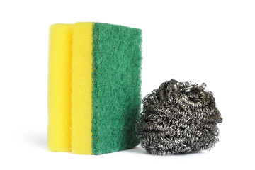 Stainless steel scrubber and kitchen sponge isolated on white