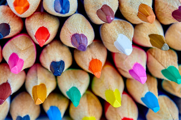 Colored sharpener pencils. Macro shot of many color pencils