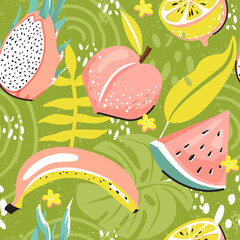 Seamless tropical pattern with watermelon, dragon fruit, peach, lemon, banana and leaves. Creative contemporary floral collage. Texture for textile, wrapping paper, packaging etc. Vector illustration.