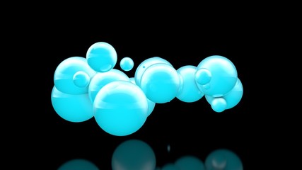 3D illustration of many beautiful blue balls in space on a black background. The idea of beauty and harmony, snow clouds and snowdrifts. 3D rendering, isolated.