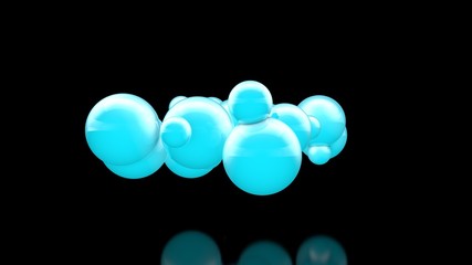 3D illustration of many beautiful blue balls in space on a black background. The idea of beauty and harmony, snow clouds and snowdrifts. 3D rendering, isolated.