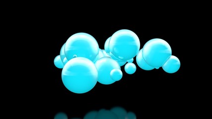 3D illustration of many beautiful blue balls in space on a black background. The idea of beauty and harmony, snow clouds and snowdrifts. 3D rendering, isolated.