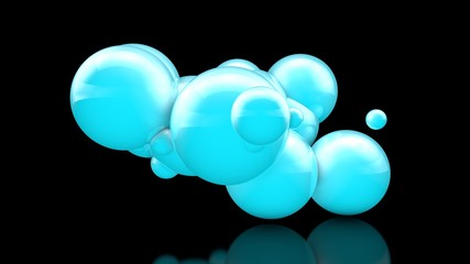 3D illustration of many beautiful blue balls in space on a black background. The idea of beauty and harmony, snow clouds and snowdrifts. 3D rendering, isolated.