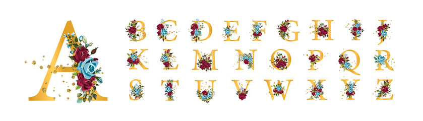 Golden floral alphabet font uppercase letters with bordo navy blue roses © madiwaso