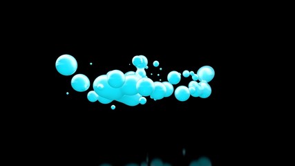 3D illustration of many blue drops of cold liquid, disintegrating and merging into a total mass. Abstract, futuristic background image. 3D rendering, on a black background, isolated.