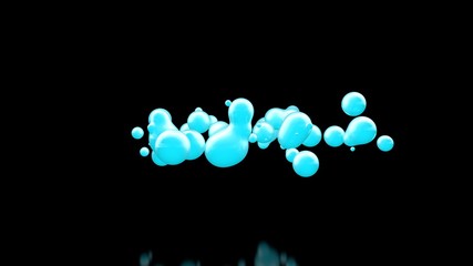 3D illustration of many blue drops of cold liquid, disintegrating and merging into a total mass. Abstract, futuristic background image. 3D rendering, on a black background, isolated.