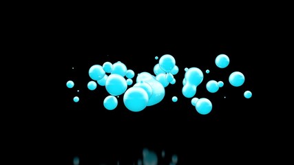 3D illustration of many blue drops of cold liquid, disintegrating and merging into a total mass. Abstract, futuristic background image. 3D rendering, on a black background, isolated.