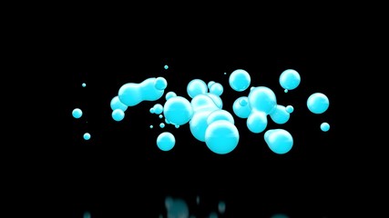 3D illustration of many blue drops of cold liquid, disintegrating and merging into a total mass. Abstract, futuristic background image. 3D rendering, on a black background, isolated.