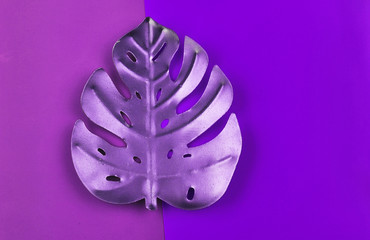 Metalic leaf of monstera on abstract colorful background.