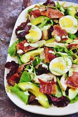 Keto chicken and bacon salad. Healthy paleo salad plate
