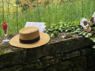 Reading in garden concept. Straw hat, open book, pair of white woman shoes with high heels, glass with ripe berries. Copy space