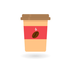 Vector image of flat cup coffee icon with bean logo and shadow