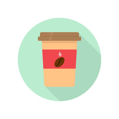 Vector image of flat cup coffee icon with bean logo and shadow
