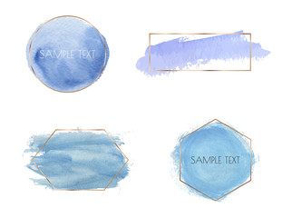 Gold geometric frames with blue brush stroke watercolor texture. Geometric shape with watercolor washes. Trendy templates for banner, flyer, poster, save the date, greeting, wedding invitation