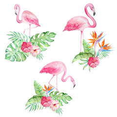 set of watercolor flamingos with tropical flowers