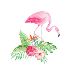 watercolor flamingo with a tropical bouquet1