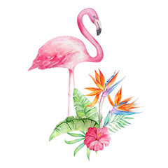 watercolor flamingo with a tropical bouquet2